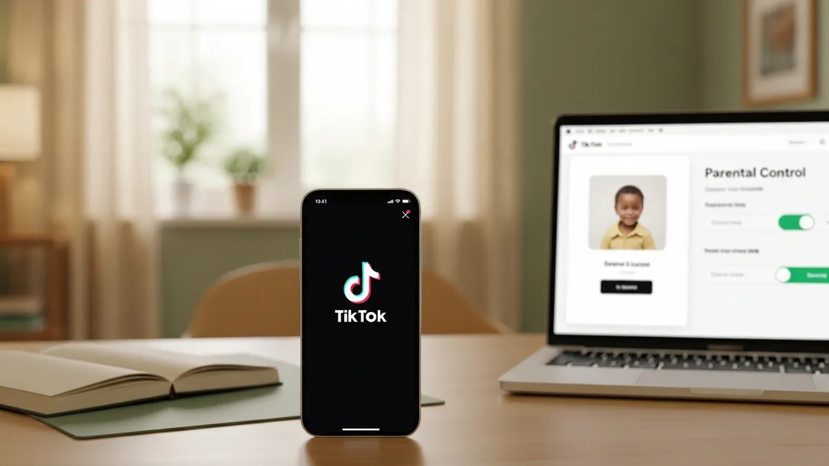 Smartphone showing TikTok app with parental control settings on a warm home office desk