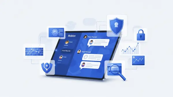 Roblox chat interface showing friend requests and private messages on tablet