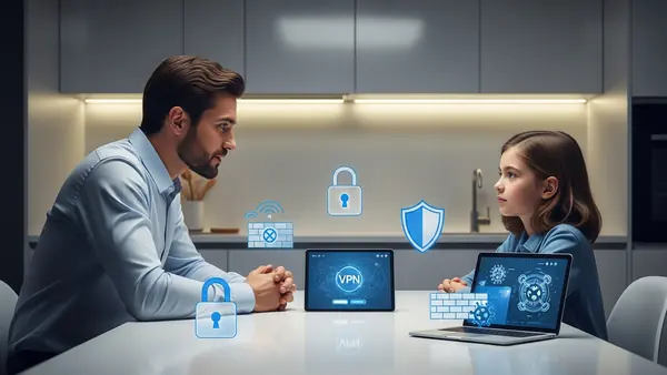 parent having serious conversation with child about online safety at kitchen table