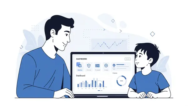 parent and child having a conversation about phone safety with monitoring software dashboard visible on laptop screen