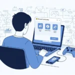 parent setting up Microsoft Family Safety parental controls on laptop with child's phone and Xbox controller nearby