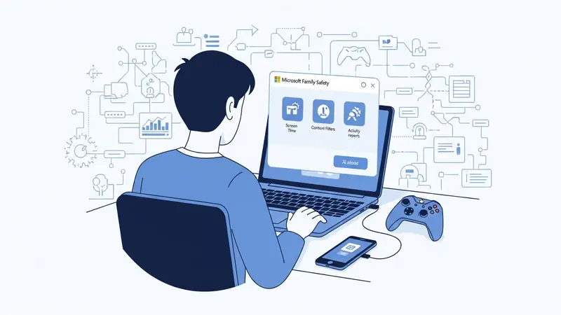 parent setting up Microsoft Family Safety parental controls on laptop with child's phone and Xbox controller nearby