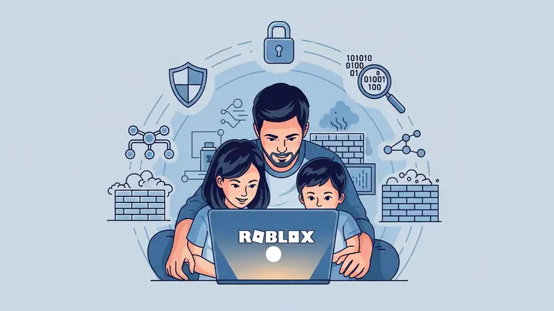 parent and child looking at Roblox game together on laptop screen