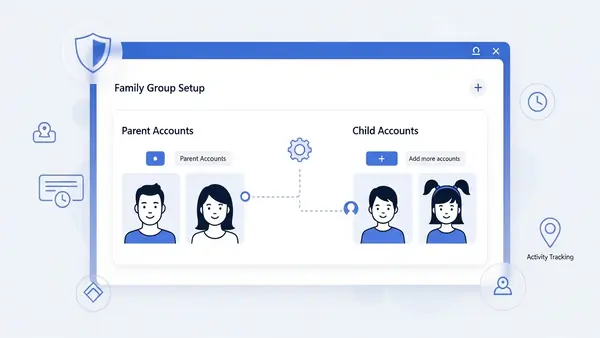 Microsoft Family Safety dashboard showing family group setup screen with parent and child accounts
