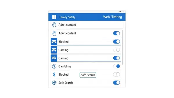 Microsoft Family Safety web filtering settings showing blocked website categories and safe search toggle