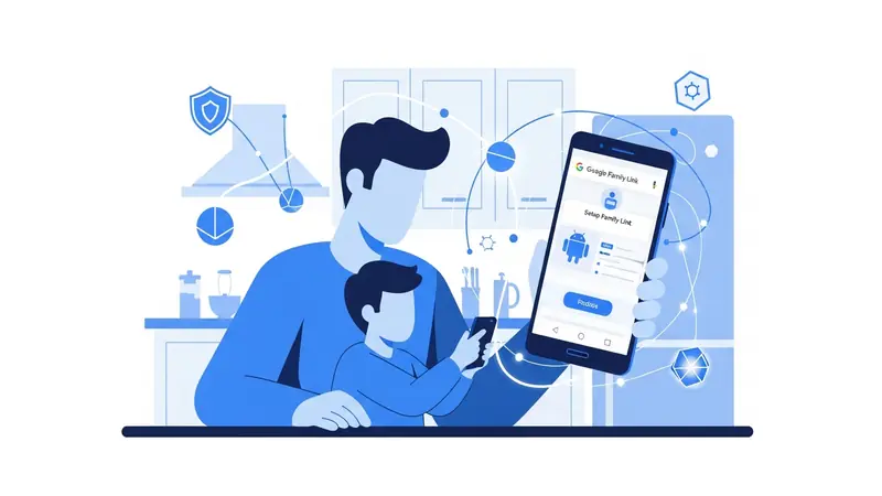 parent and child setting up Google Family Link on Android phone together at kitchen table