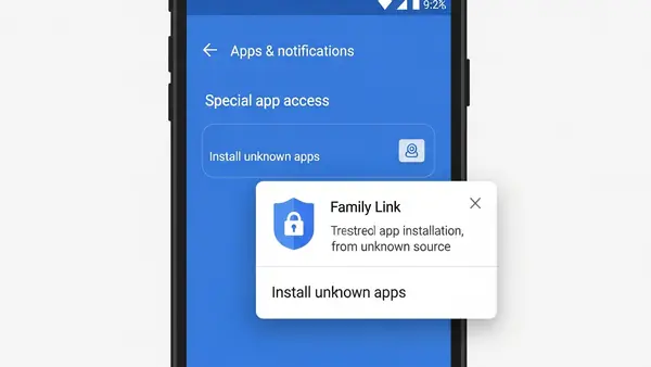 Android settings screen showing Family Link preventing installation from unknown sources