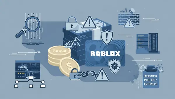 Roblox Robux currency and gift card with warning symbols overlay