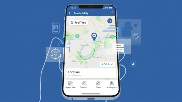Microsoft Family Safety mobile app showing child's real-time location on map with location history